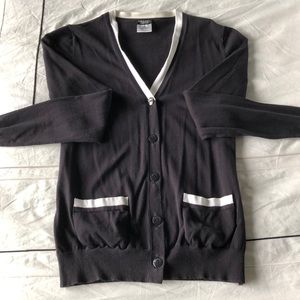 Chanel cardigan uniform in navy/white, size M.